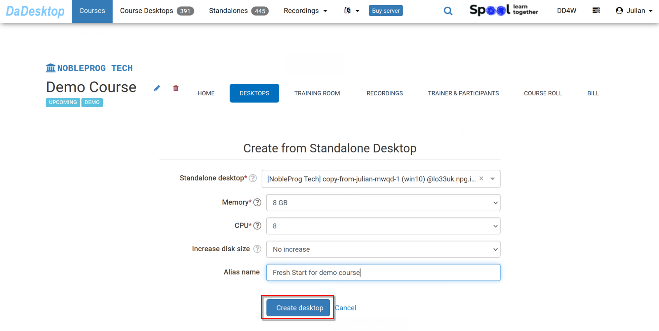 Crear desde un escritorio independiente, cambiando cpu, memoria, espacio en disco
