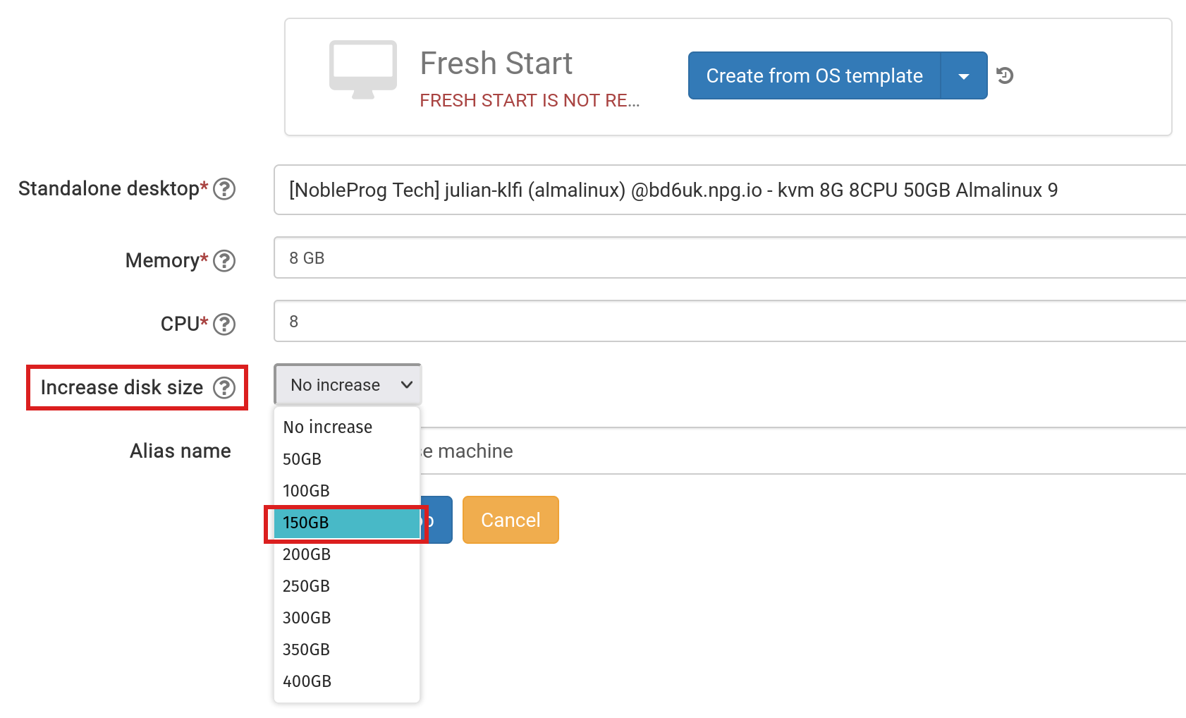 Crear Fresh Start desde Standalone, elegir cambio de tamaño de disco