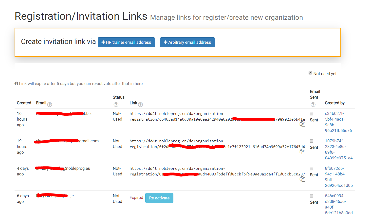 Enlaces de invitación de registro