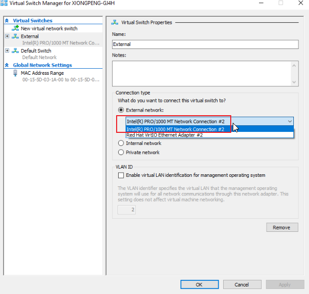 Administrador de conmutadores virtuales de Hyper-V
